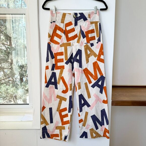 Anthropologie The Colette Linen Cropped Wide Leg Pants Je Taime Letters Print 26 - Picture 2 of 10